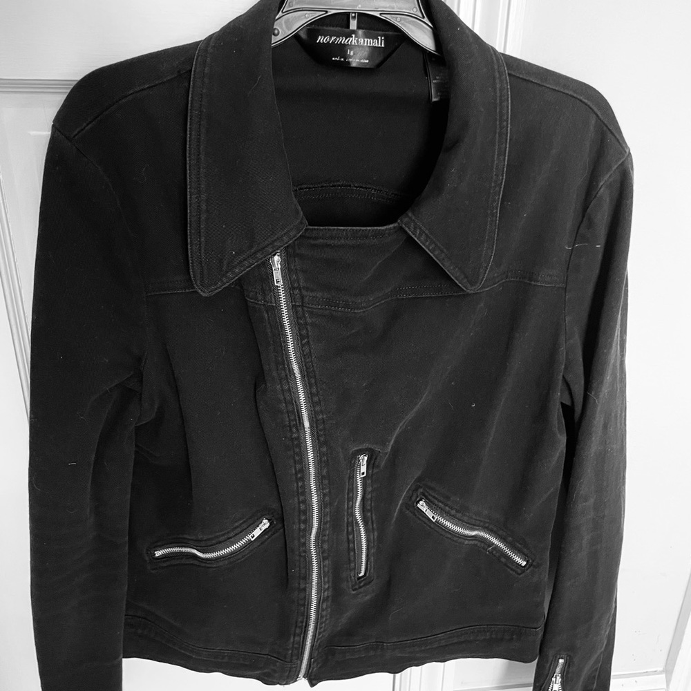 Black twill jacket is cotton and 2% spandex.
